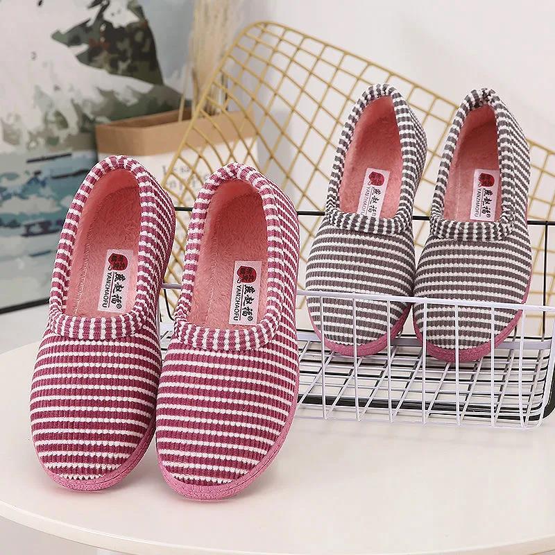 Winter Cotton Slippers Women's Cotton Shoes Bag Heels Cute Stripes Indoor Cotton Slippers Non-slip Warmth Plush Low-top Cotton Shoes