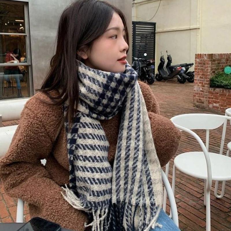 Winter Imitation Cashmere Scarf Korean Tassel Houndstooth Scarf Thick Warm Women's Scarf Shawl