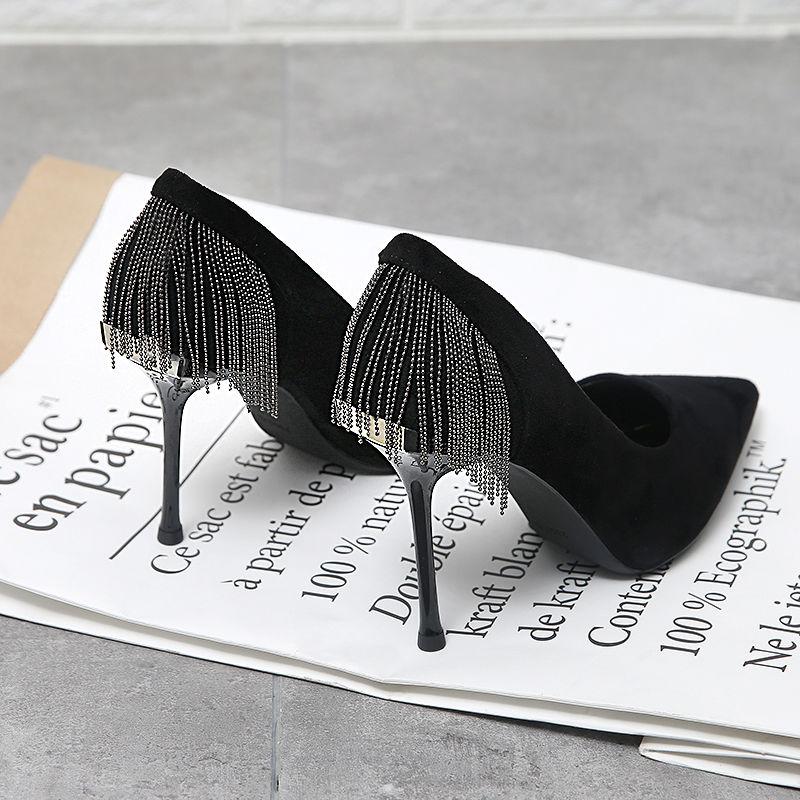 Pointed High Heels Female Spring and Summer Stiletto French Girl Sexy Black High Heels with Fringed Fringe