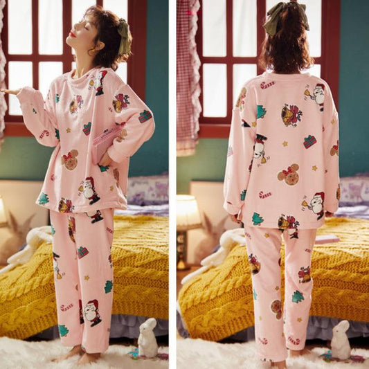 Women's Long-sleeved Large Size Warm Suit Ladies Cute Cartoon Thick Coral Fleece Pajamas Autumn and Winter Flannel Pajamas