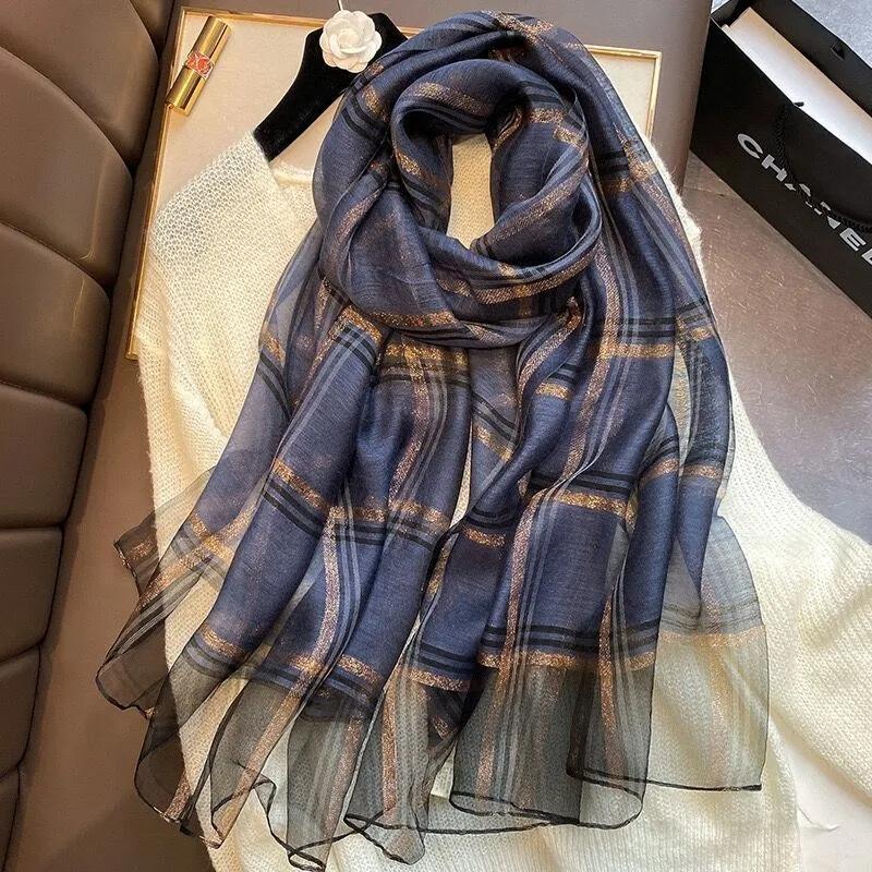 Women's Autumn and Winter Silk Scarf Korean Style All Match Mulberry Silk Shawl Thin Silk Plaid Scarf Long Dual-use Gauze Scarf Sweet Neckerchief