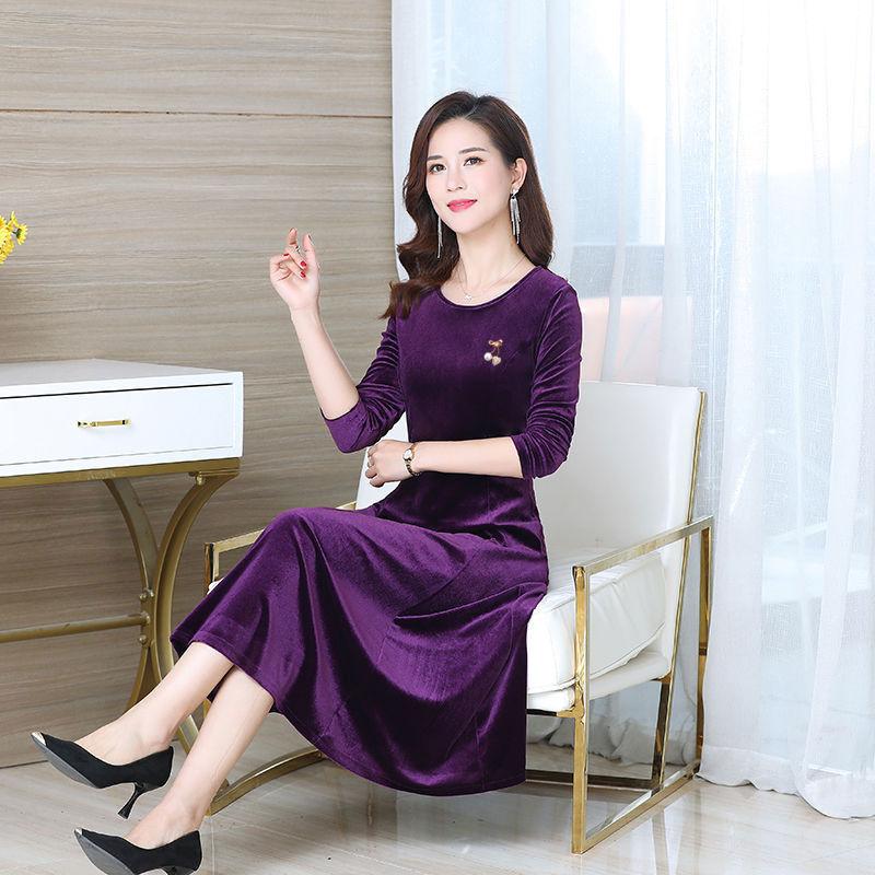 Dress Round Neck Gold Velvet Women's Mid-length Slim Fit Covering Belly Plus Size Mother Skirt Women's Clothing