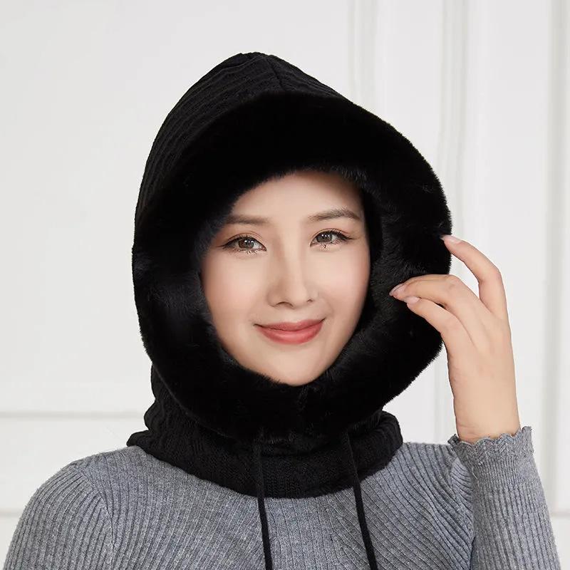 Women's Hat Plus Velvet Thick Warm Windproof Hood Ear Neck Protection Knitted Hat Woolen Cap Winter One-piece Cap Scarf Set