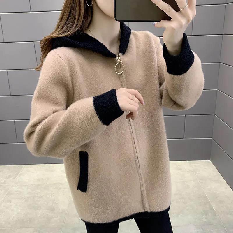 WTEMPO Reversible Fleece Jacket Fall/Winter Loose Lazy Women's Zipper Stitching Hooded Sweater Women