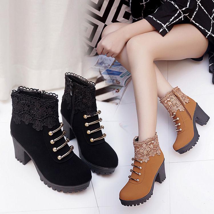 Women's Boots High-heeled Shoes Snow Boots Winter Fur Thick Ankle Boots  Plus Velvet Cotton Shoes