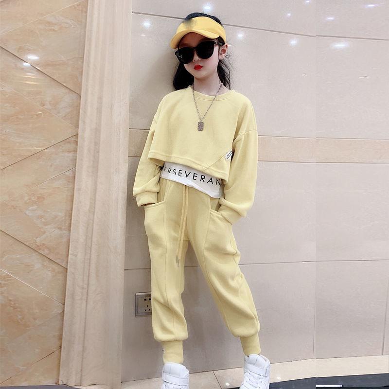 Girls' Spring and Autumn Suit Children's Leisure Suit Sports Sets Sweater Fake Two Pieces Solid Color Loose Two Pieces