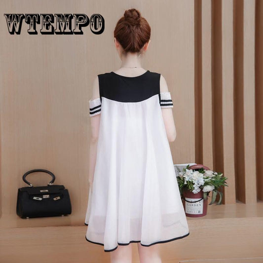 Summer new Korean version of the fake two large size women's short-sleeved long chiffon dress