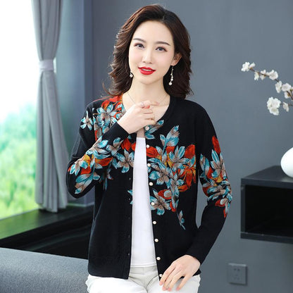 Autumn and Winter Printed Cardigan Women's Plus Size Casual Sweater Coat High-end Wool Sweater