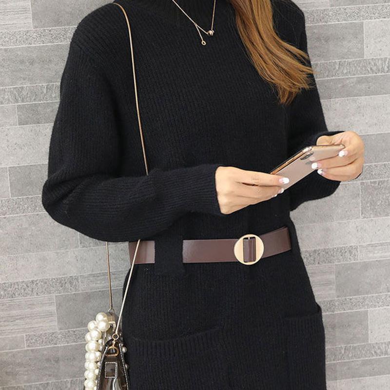 Korean Style Loose Outer Wear Mid-length Sweater Women Waist Slim Half Turtleneck Long Sleeve Autumn  Winter Base Sweater Dress