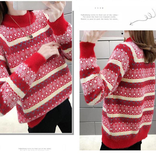 Color Thick Striped Sweater Autumn and Winter Loose Pullover Half High Neck Knitted Young Women's Top