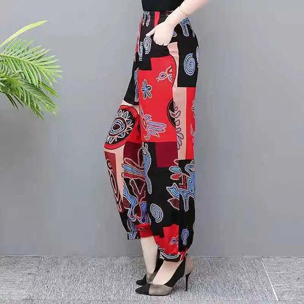 XL-XXXXXL Women's Spring Wide Leg Pants Summer Plus Size Printed Bloomers Autumn Ice Silk High Waist Mosquito Proof Loose Trousers