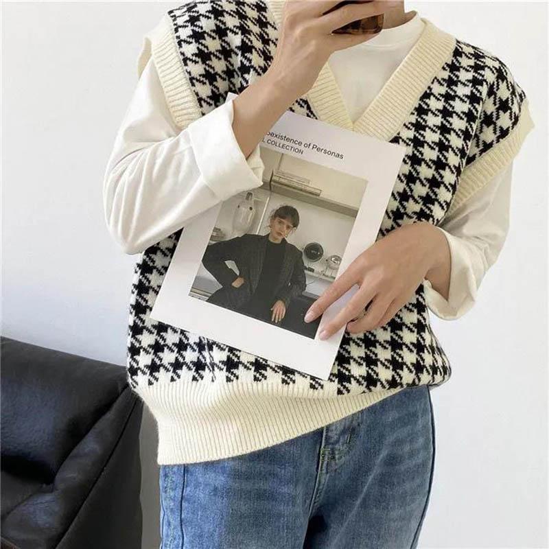 V-neck Knitted Vest Vest Female Houndstooth Korean Version Loose and Versatile Sleeveless Waistcoat Sweater Vest Jacket Outer Wear