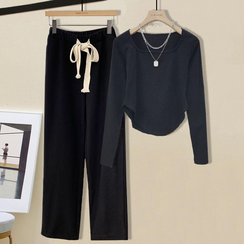 2PCS Women's Loose Wide-leg Pants Suit Slim Long-sleeved T-shirt + Loose Trousers Casual Two-piece Set Jogging Suits for Girl