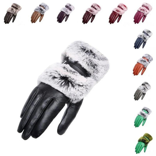 Genuine Leather Ladies Gloves for Autumn and Winter Riding Warm Rex Rabbit Fur Plus Suede Leather Gloves