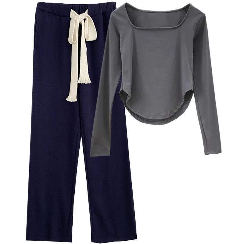 2PCS Women's Loose Wide-leg Pants Suit Slim Long-sleeved T-shirt + Loose Trousers Casual Two-piece Set Jogging Suits for Girl