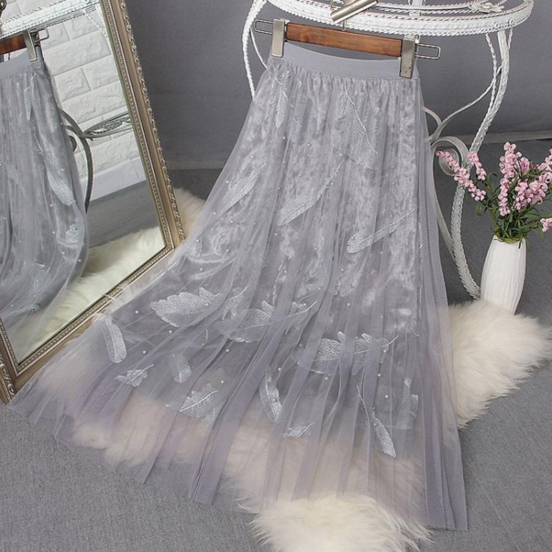 Half-length Skirt Female Four Seasons Can Wear Heavy Beaded Feather Embroidery Three-layer Fabric Mesh Sweet Pleated Fairy Long Skirt