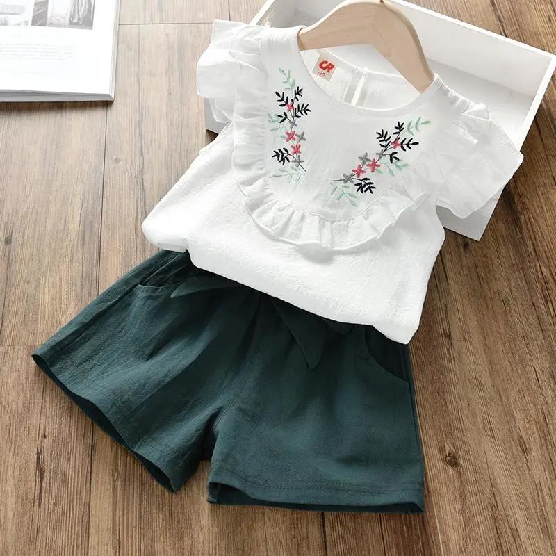 Summer Casual Children Sets Chiffon Flowers Blue T-shirt Pants Girls Clothing Sets Kids Summer Set for 3-7 Years