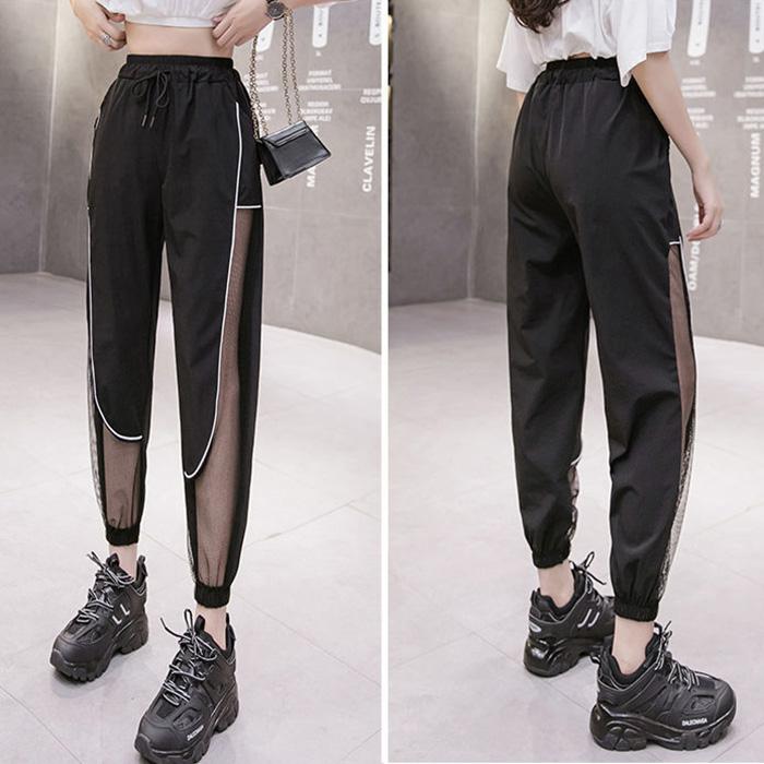 WTEMPO Reflective Track Pants Hollow Casual Pants Women Elastic Waist Joggers Sport Long Sweatpants Loose Casual Baggy Trousers