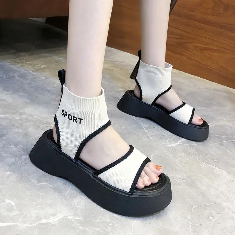 Summer Knitted Turtleneck Hollow Fish Mouth Sandals Non-slip Platform Platform Shoes Women's Elastic and Comfortable Sandals