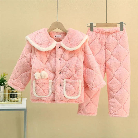 Children's Thickened Pajamas Girls Three-layer Quilted Flannel Soft-touch Home Service Suits Baby Girl Plus Velvet To Keep Warm