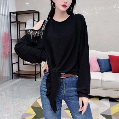 Autumn Round Neck Loose T-shirt Fashion Sexy Off-the-shoulder Tops Solid Color Diamond Coat