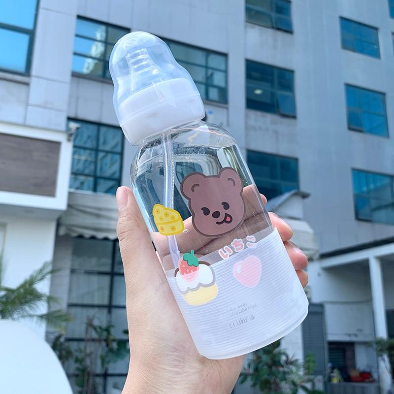 Cute Girl Glass  Water Bottle Creative Fashion Bear Pattern Personality Straw Cup Student Couple Portable Water Cup