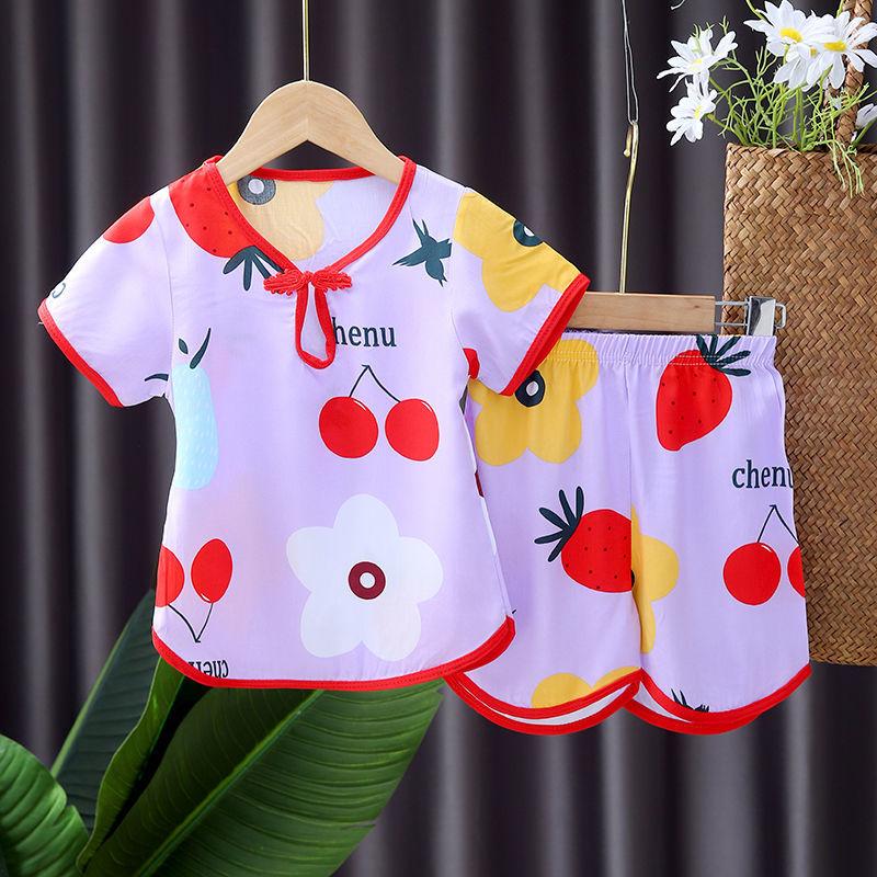 Girls' Short-sleeved Suit Cotton Silk Children's Hanfu Summer Children's Clothing Baby Girl Shorts Chinese Style Pajamas Two-piece