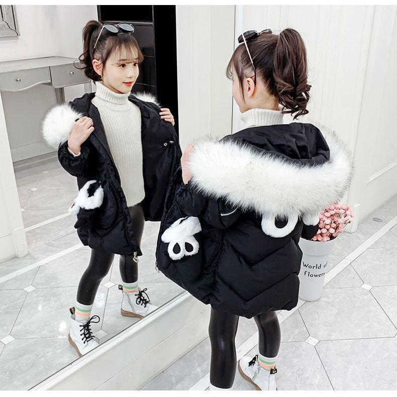 Girls Plus Velvet Thick Warm Cotton Coat Winter Korean Windproof Cotton Clothing Mid-length Cotton-padded Jacket with Gloves