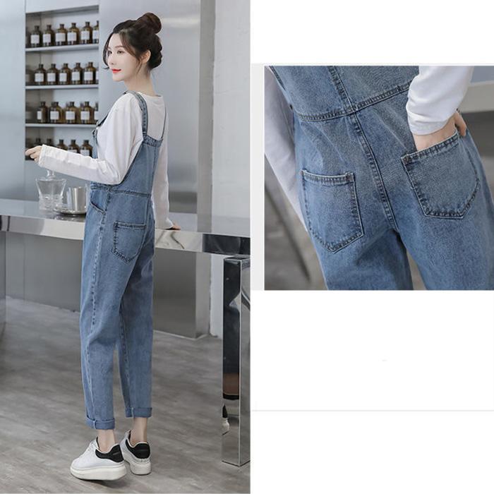 WTEMPO Summer Denim Jumpsuit Student Woman Jeans Long Romper Pants Zipper Pockets Sleeveless Adjusted Overalls Trousers