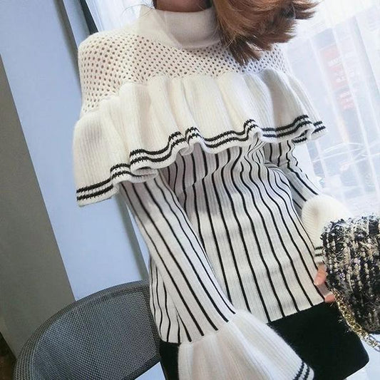 High-neck Hollow Ruffled Sweater Fashion Flared Sleeves Vertical Striped Top Casual Slim