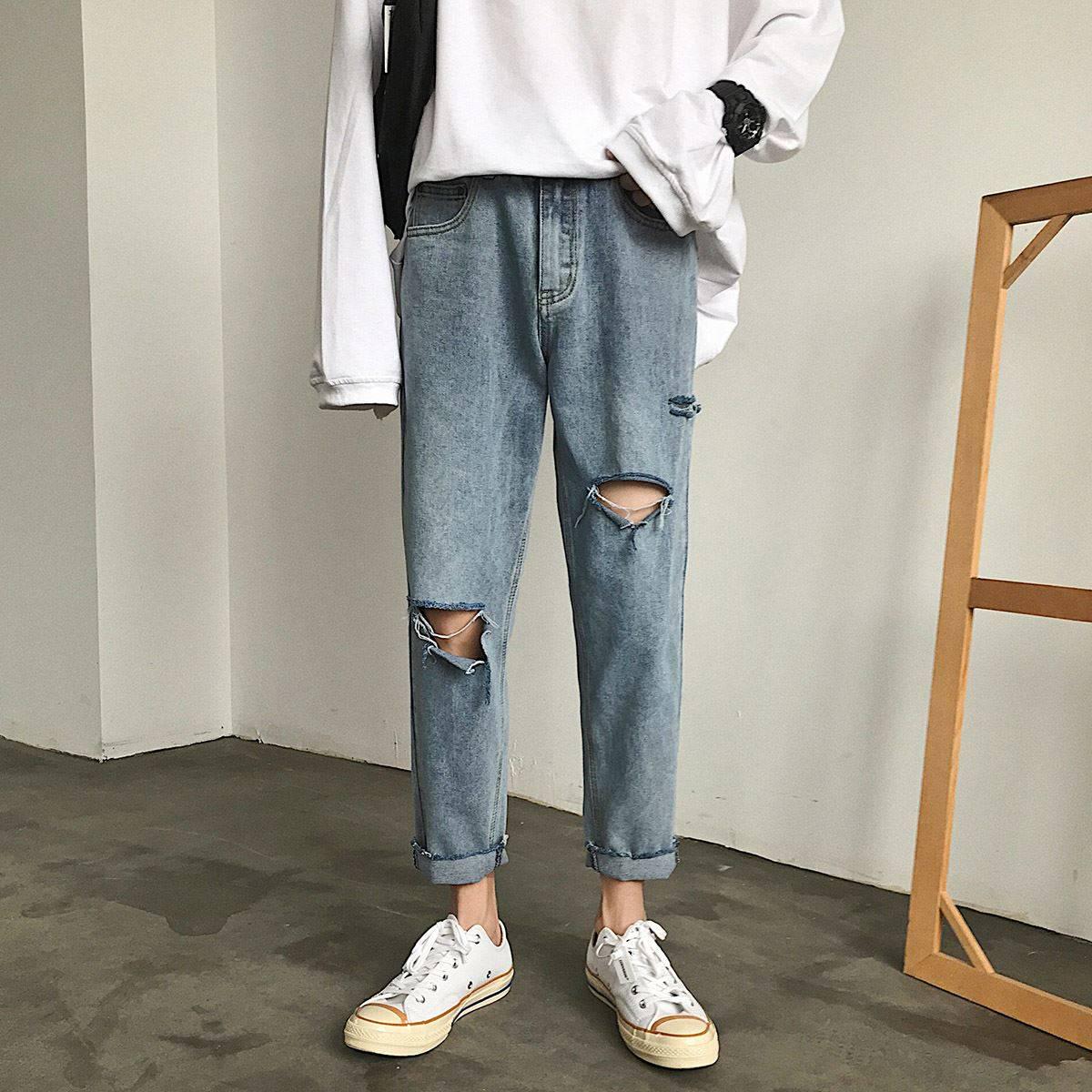 WTEMPO Woman's Jeans High Waist Torn Jeans Wide Leg Denim Clothing Blue Street Clothing Vintage Pants