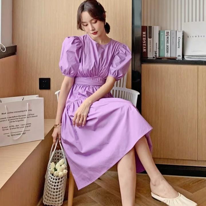 Simple Solid Dress Medium Length Elegant Bubble Sleeve Patchwork Pleated Bandage Waist Dress