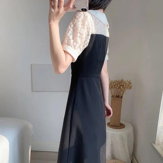 Vintage Floral Dress Women Elegant Lace Chiffon Korean Party Dress Puff Sleeve V Neck Midi Dress SUMMER Dresses for Women