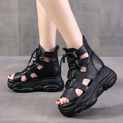 Fish Mouth Sandals Fashion Women's Boots with Increased Slope Heels Summer All-match Thick-soled Sponge Cake Roman Beach Shoes