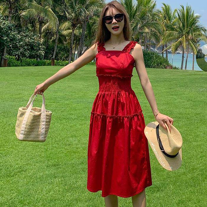 Women Retro Thin Red Elastic Waist Strap Dress Below The Knee Sling Dresses Beach Dress