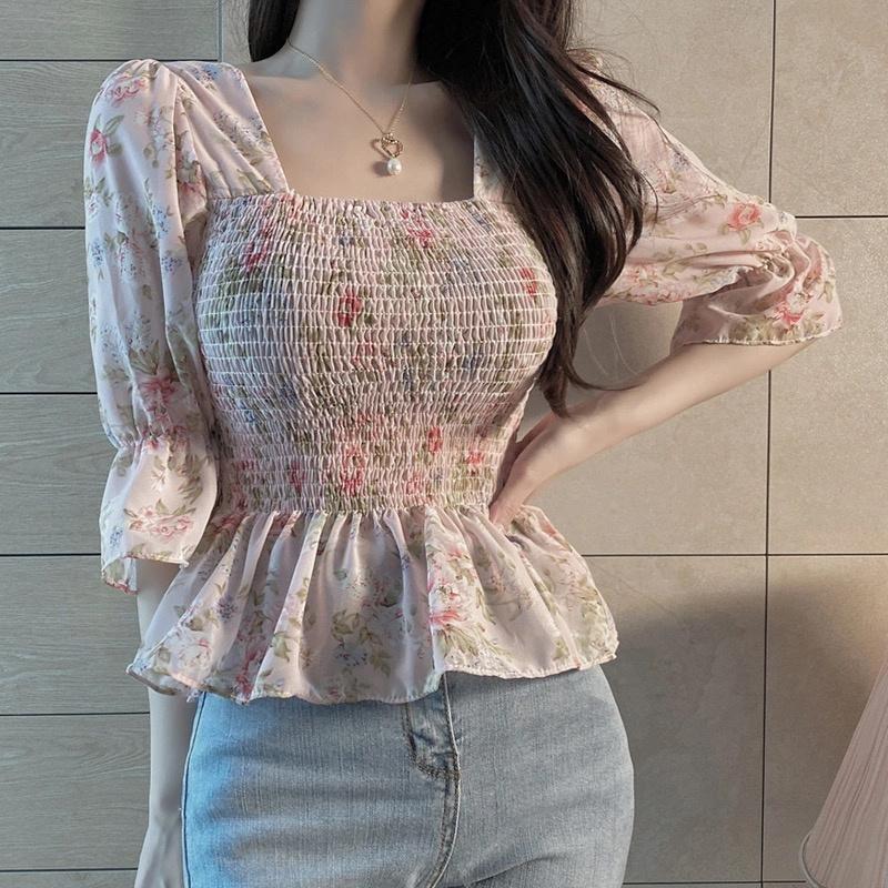 Summer Sweet Floral Bell-sleeved Chiffon T-Shirts with Ruffles At The Waist