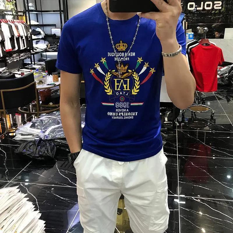 Summer short-sleeved T-shirt men's trend round neck fashion printing Slim half bottoming T