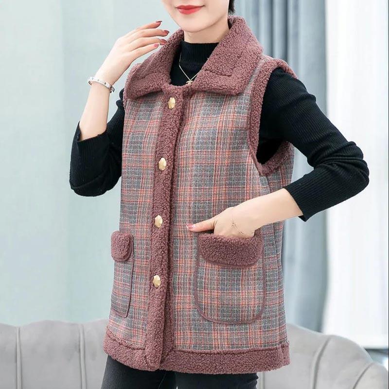 Vest Women's Autumn and Winter Wear Plus Velvet Thick Large Size Middle-aged and Elderly Plaid Sleeveless Jacket