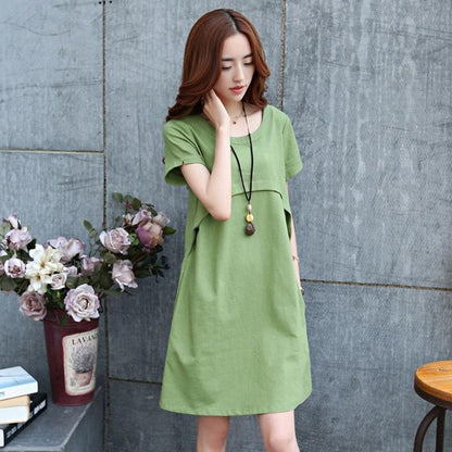 Summer Mid-length Casual Cotton and Linen Round Neck Short-sleeved Skirt Loose Slim Slimming Dress Women's Casual Simple Dress