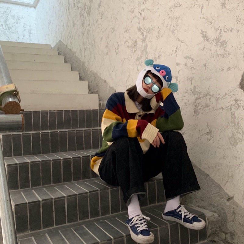 Pofulove Autumn Winter Harajuku Colorful Striped Sweater Female Loose Lazy Long-sleeved Sweater Coat