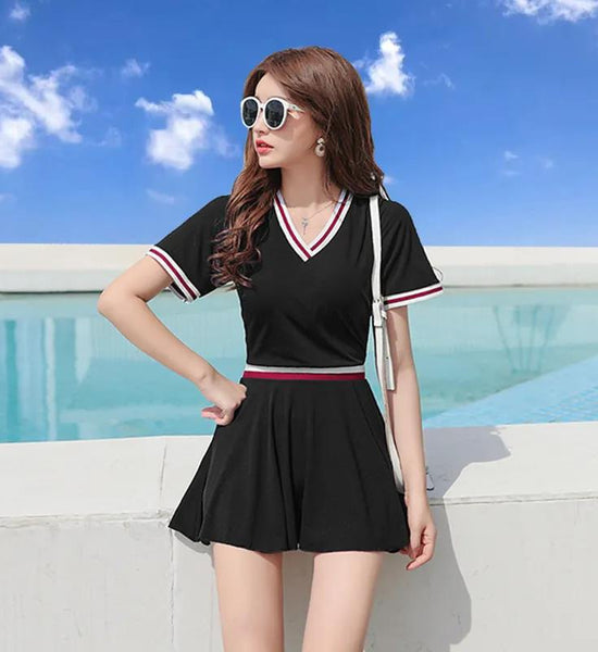 Swimsuit Split Belly Skirt Two-piece Boxer Briefs Two-piece Sports Swimwear Short-sleeved V-neck Top + Short Skirt Swimming Shorts Female Swimsuit Set