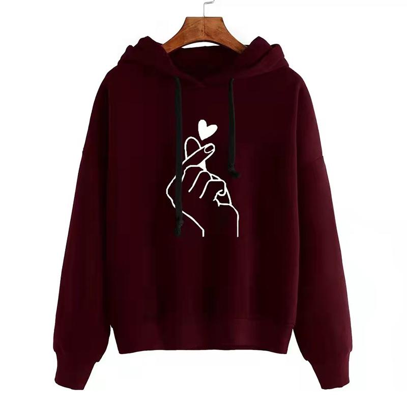 Fashionable Kpop Casual Finger Heart Love Pattern Hooded Women Hoodies Sweatshirts Drawstring Long Sleeve Female Pullovers Hoodie Women Coat