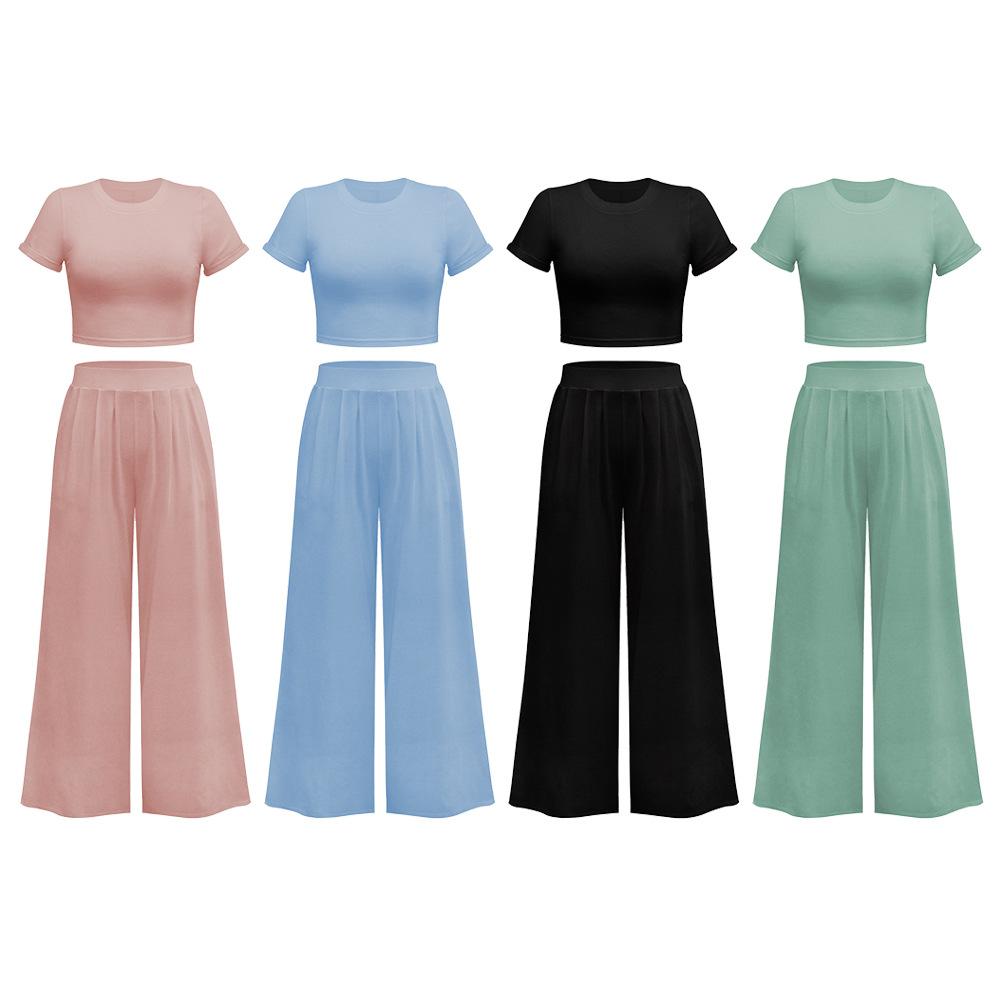 2PCS Solid Color Home Women's Short Short-sleeved T-shirt + Wide-leg Mopping Pants Suit Casual Two-piece Set Ladies Vest Trousers Suit