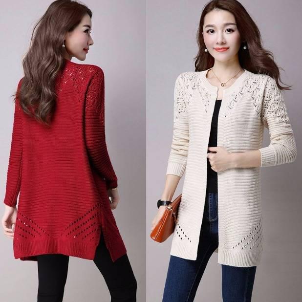 Long Sweater Women's Jacket Knit Cardigan New Hollow Solid Color Wild Knit Jacket Coat Female