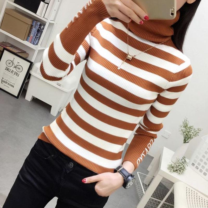 Autumn and Winter Black and White Striped Turtleneck Sweater Slim Sexy Bottoming Shirt Elegant Simple Blouse