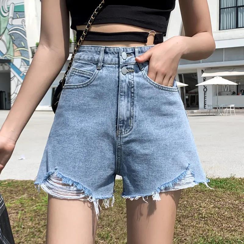 Black Hole Denim Shorts Women's Summer High Waist Was Thin A-line Wide-leg Women's Denim Shorts Fringed Edge Denim Shorts