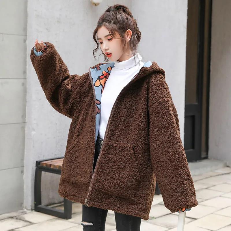 Double-sided Printed Women's Cotton-padded Jacket Spring Autumn Student Jacket Korean Hooded Bear Lamb Wool Cotton Jacket