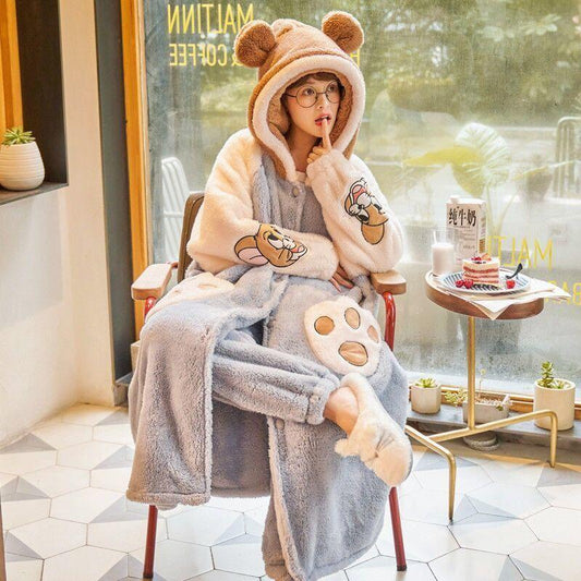 Large Size Thick Coral Fleece Warm and Skin-friendly Soft Pajamas for Women In Winter Long Cute Cartoon Can Be Worn Outside The Robe Can Be Washed