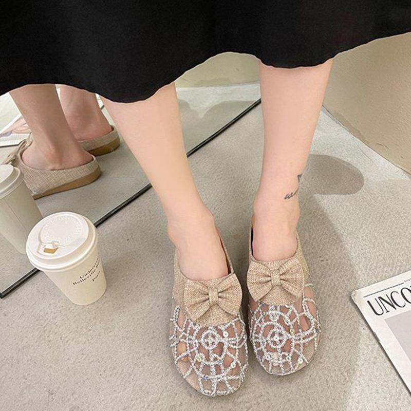 Lace Closed-toe Half Slippers Female Summer Hollow Linen Woven Loafers Lazy Outer Wear Sandals and Slippers