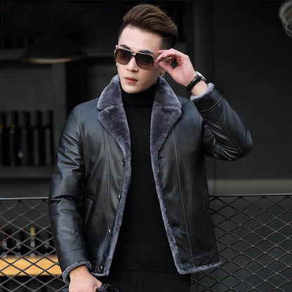 Leather Lapel Men's Leather Winter Motorcycle Jacket Top Layer Leather Short Fashion Slim Youth Leather Jacket